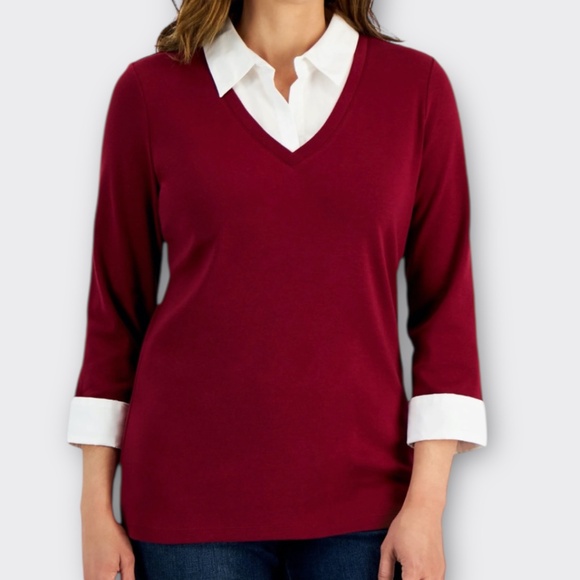 KAREN SCOTT Women V-Neck Sweater Layered Look Top Cotton Preppy Burgundy White S - Picture 1 of 8